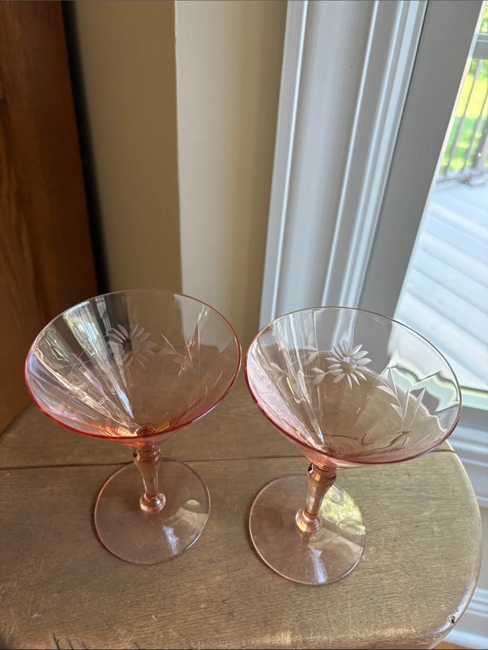 Set of 2 Pink Etched Cocktail Glasses with Leaf Motif